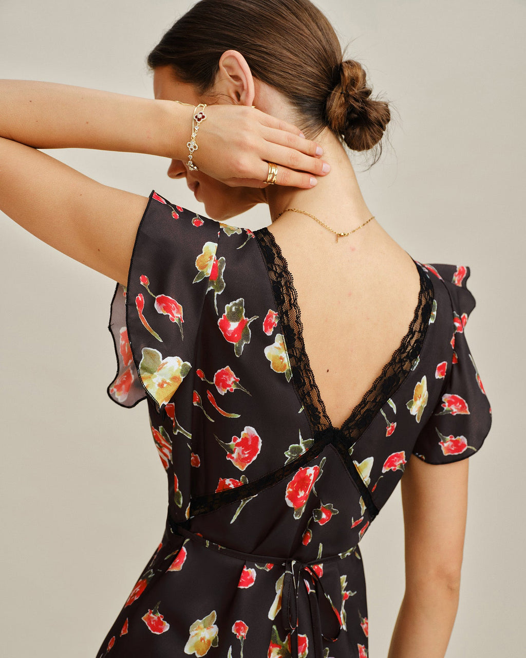 Black V Neck Butterfly Sleeve Floral Midi Dress