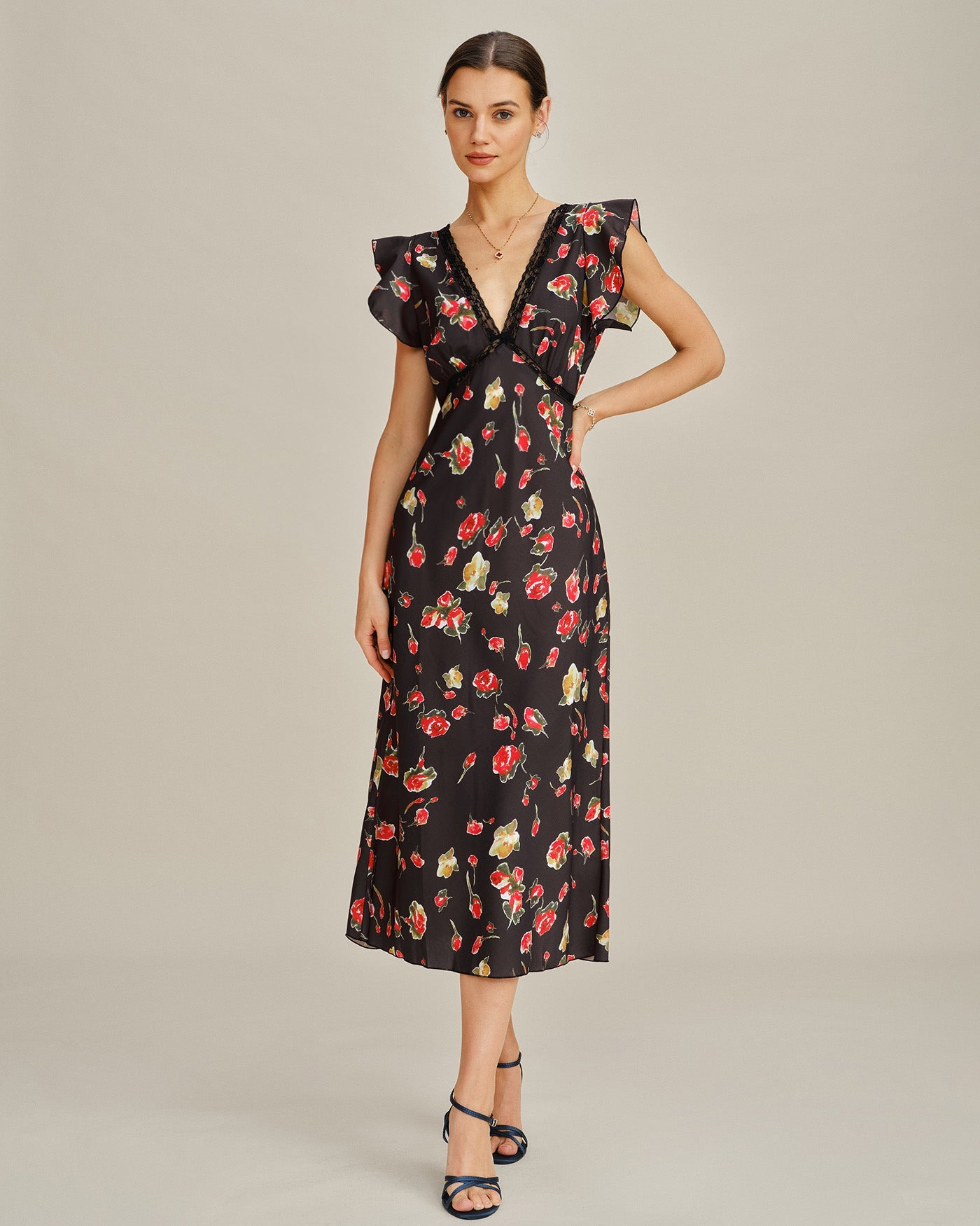 Black V Neck Butterfly Sleeve Floral Midi Dress