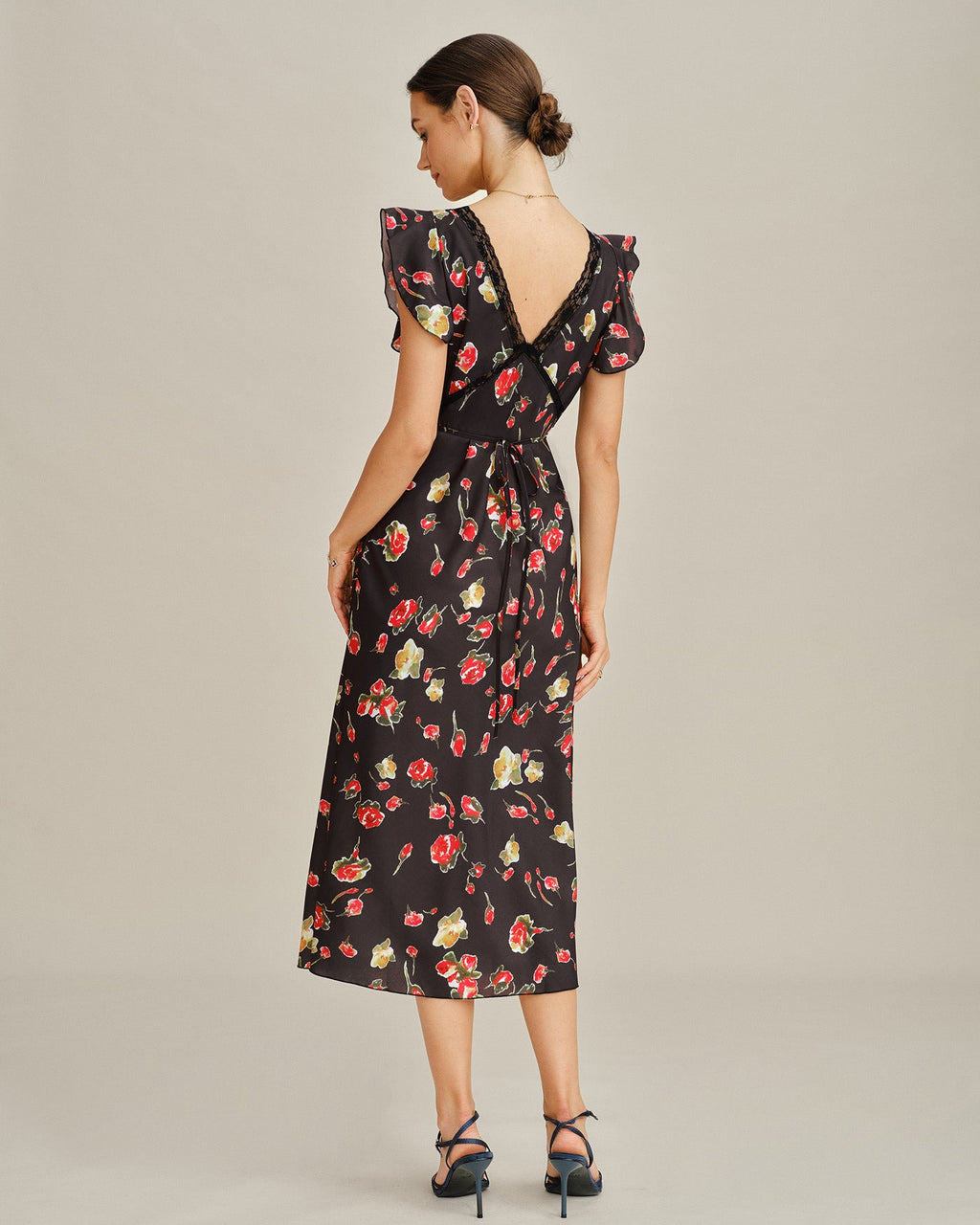 Black V Neck Butterfly Sleeve Floral Midi Dress
