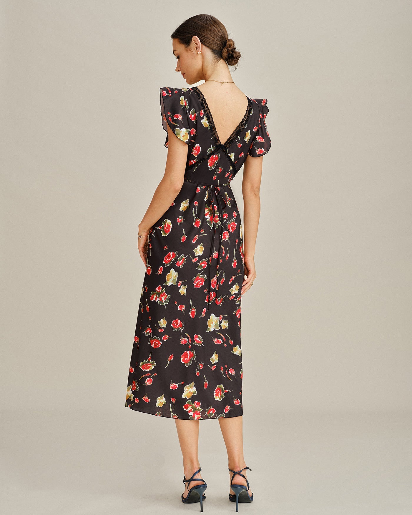 Black V Neck Butterfly Sleeve Floral Midi Dress