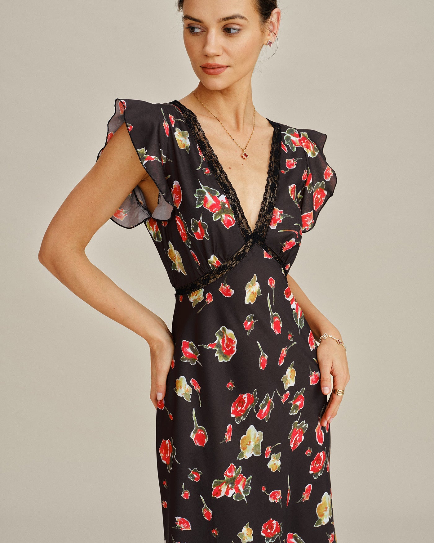 Black V Neck Butterfly Sleeve Floral Midi Dress