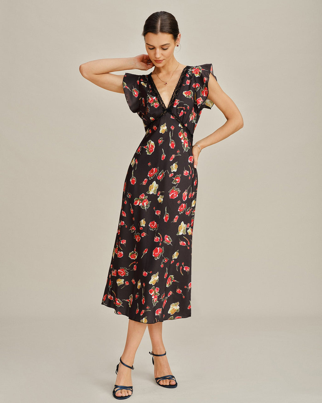 Black V Neck Butterfly Sleeve Floral Midi Dress