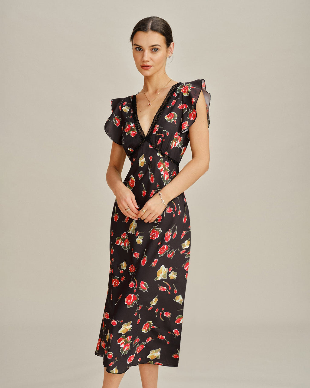 Black V Neck Butterfly Sleeve Floral Midi Dress