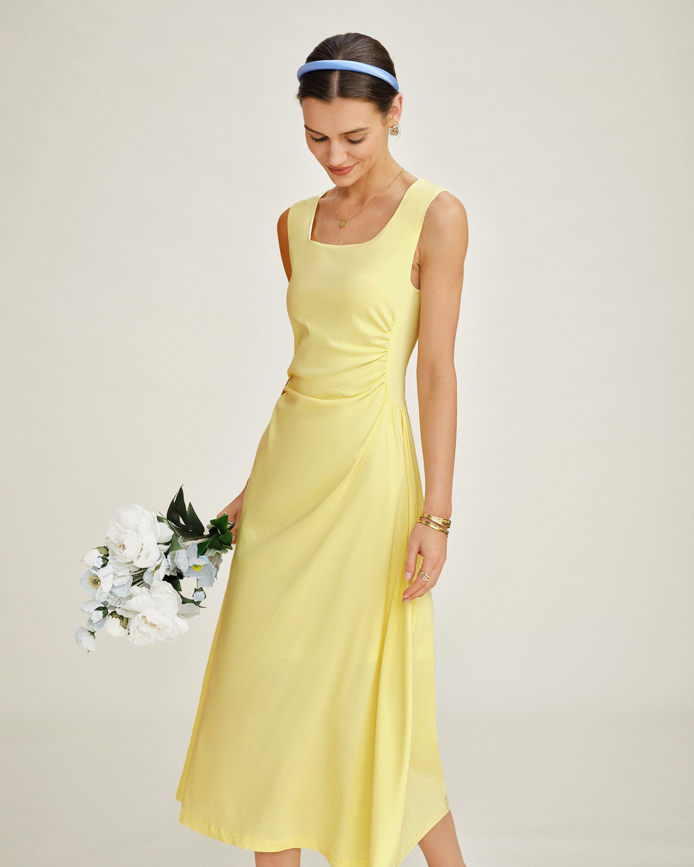 Yellow U Neck Ruched Midi Dress