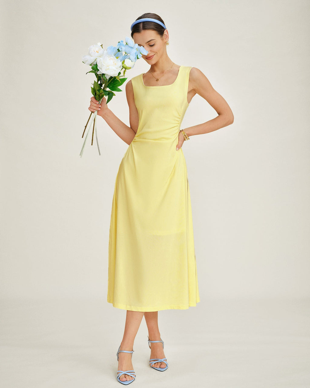 Yellow U Neck Ruched Midi Dress