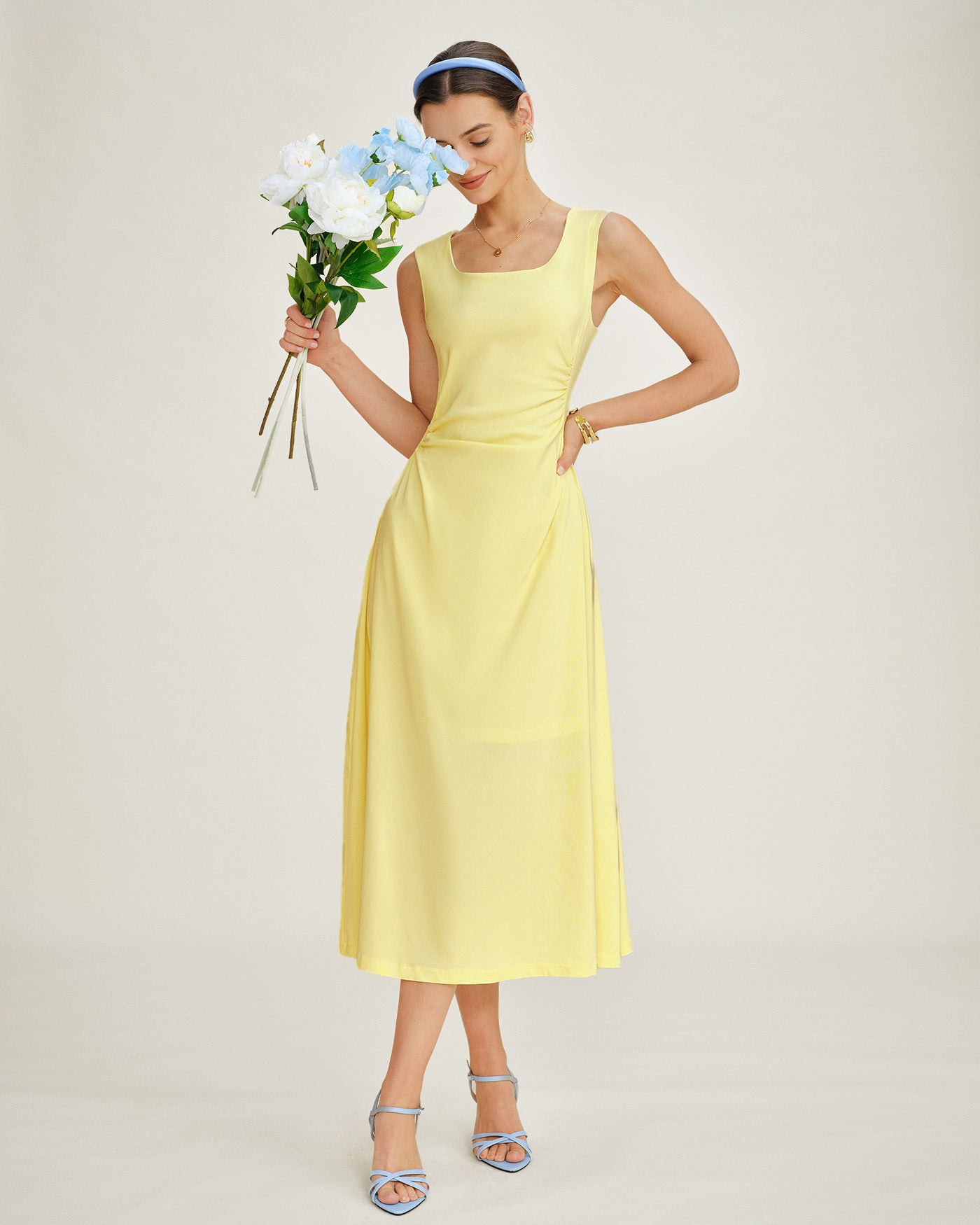 Yellow U Neck Ruched Midi Dress