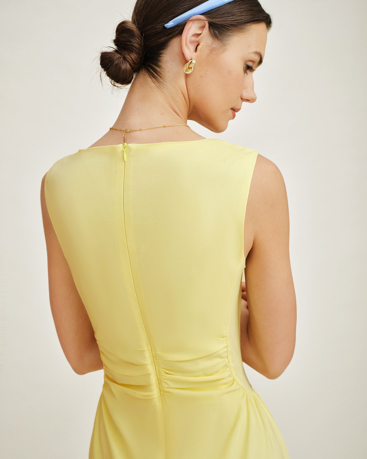 Yellow U Neck Ruched Midi Dress