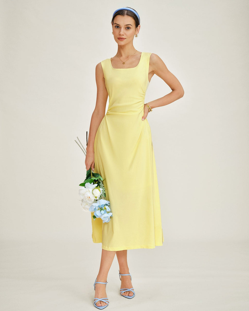 Yellow U Neck Ruched Midi Dress