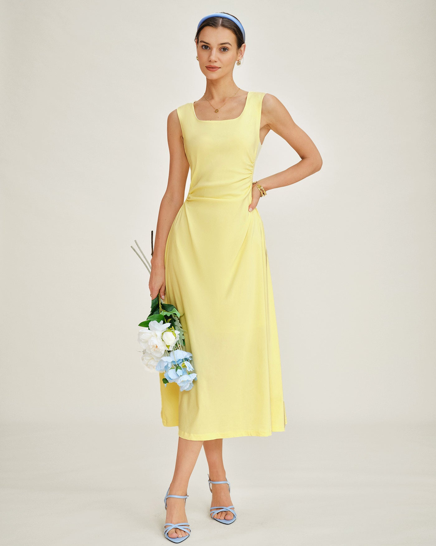 Yellow U Neck Ruched Midi Dress