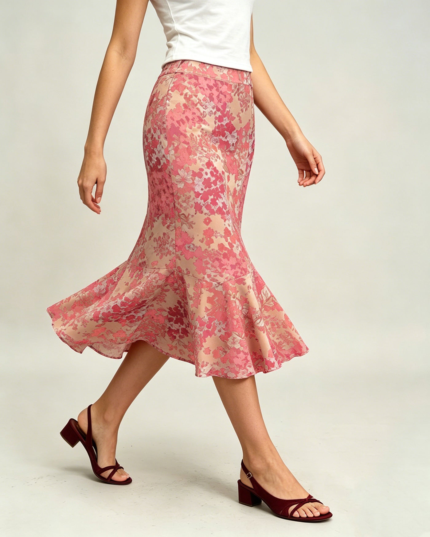 Pink Floral Mermaid Midi Skirt
