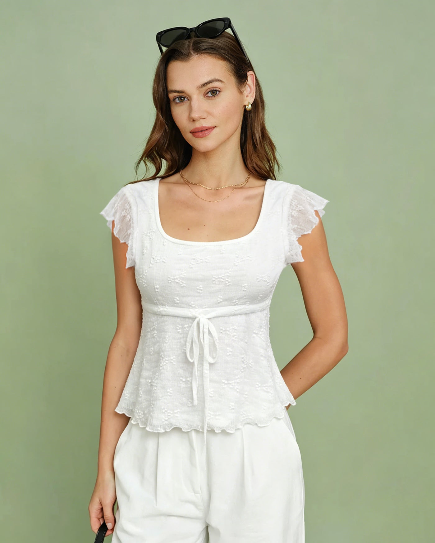 White Square Neck Textured Tee