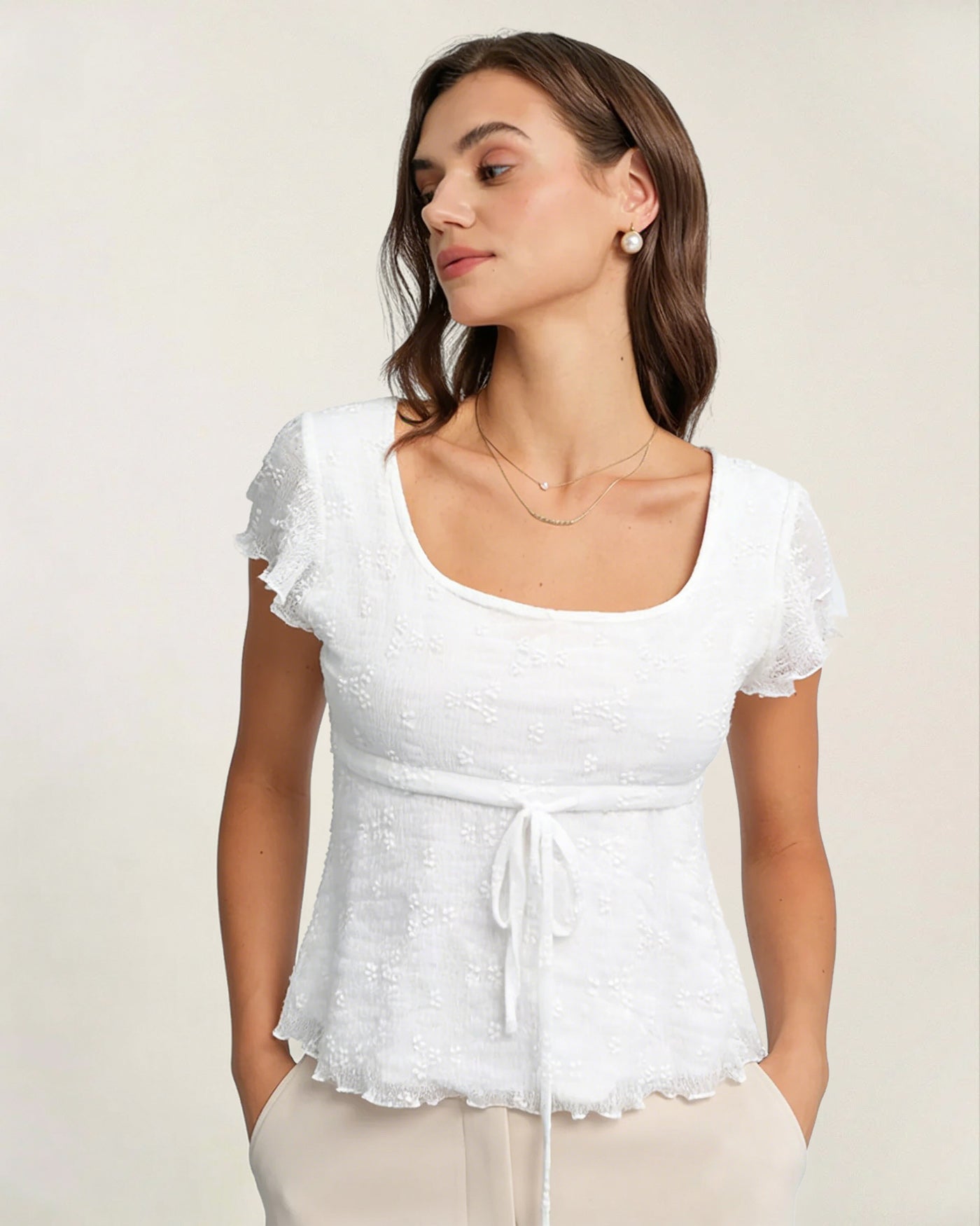 White Square Neck Textured Tee