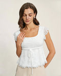 White Square Neck Textured Tee