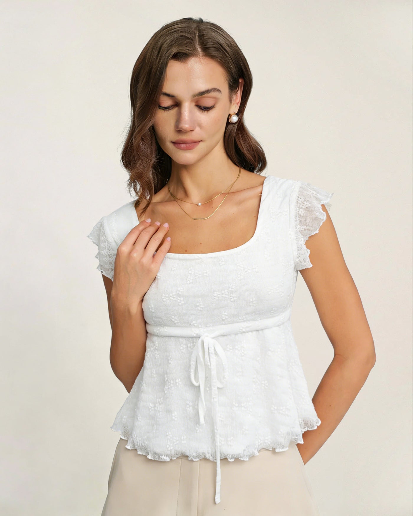 White Square Neck Textured Tee