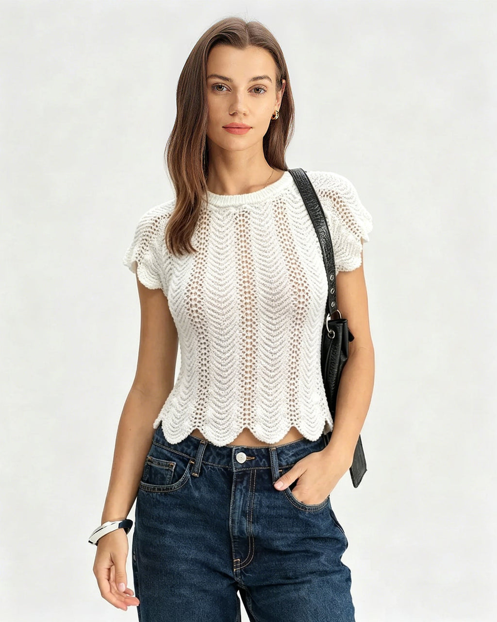 White Round Neck Textured Tee