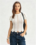 White Round Neck Textured Tee