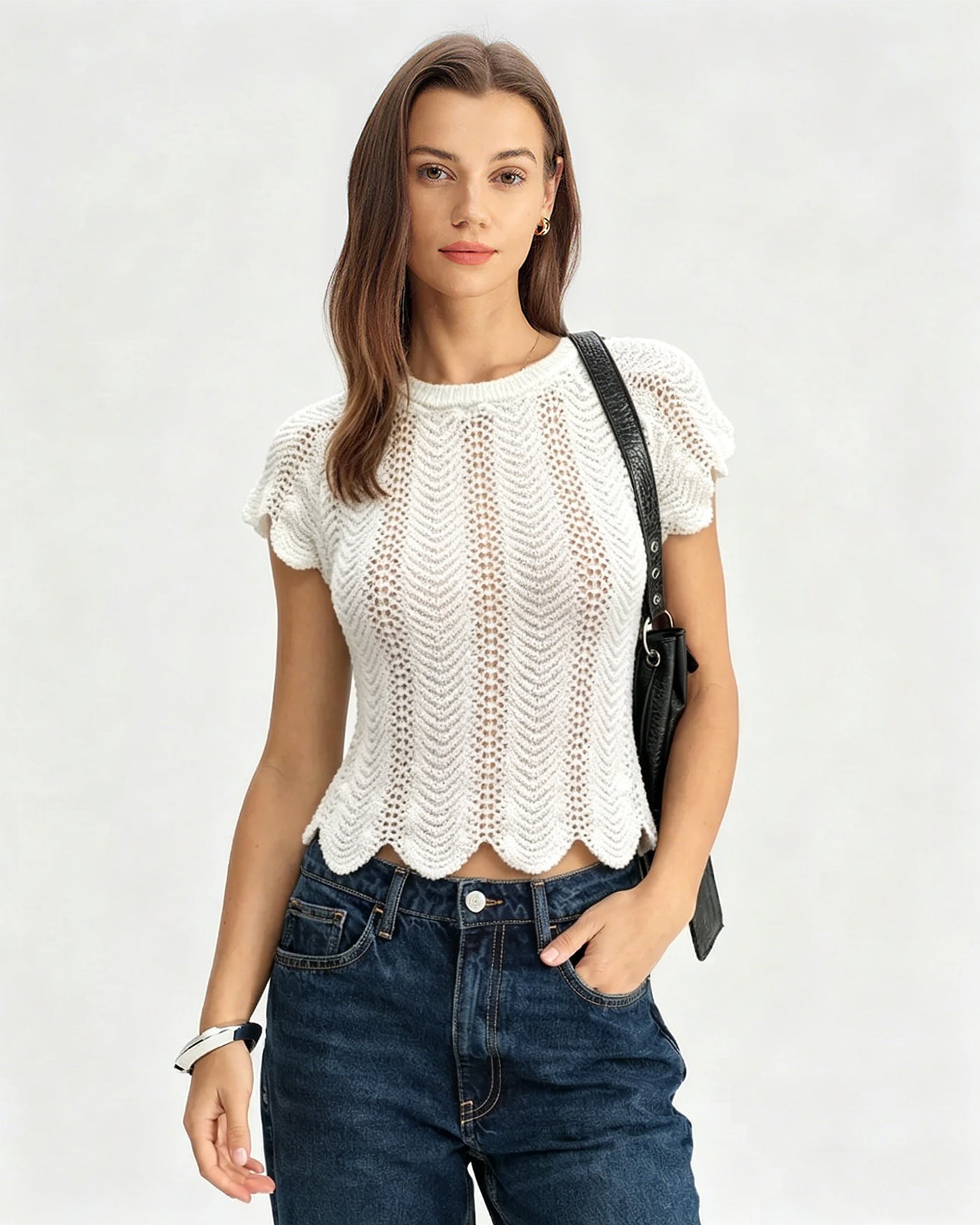 White Round Neck Textured Tee