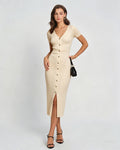 Apricot V Neck Bodycon Midi Sweater Dress