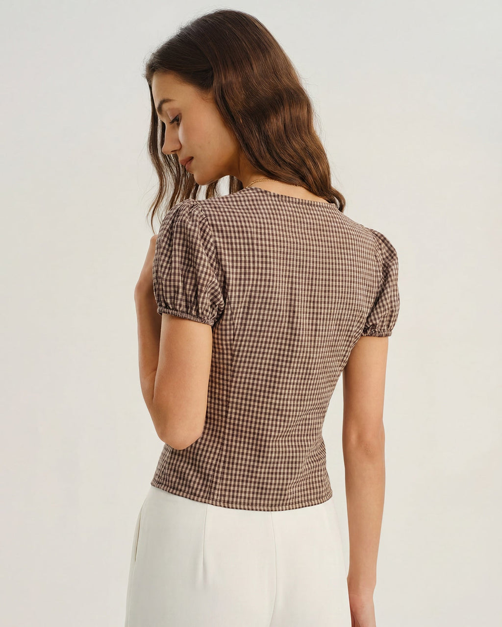 Brown V Neck Puffed Sleeve Plaid Blouse