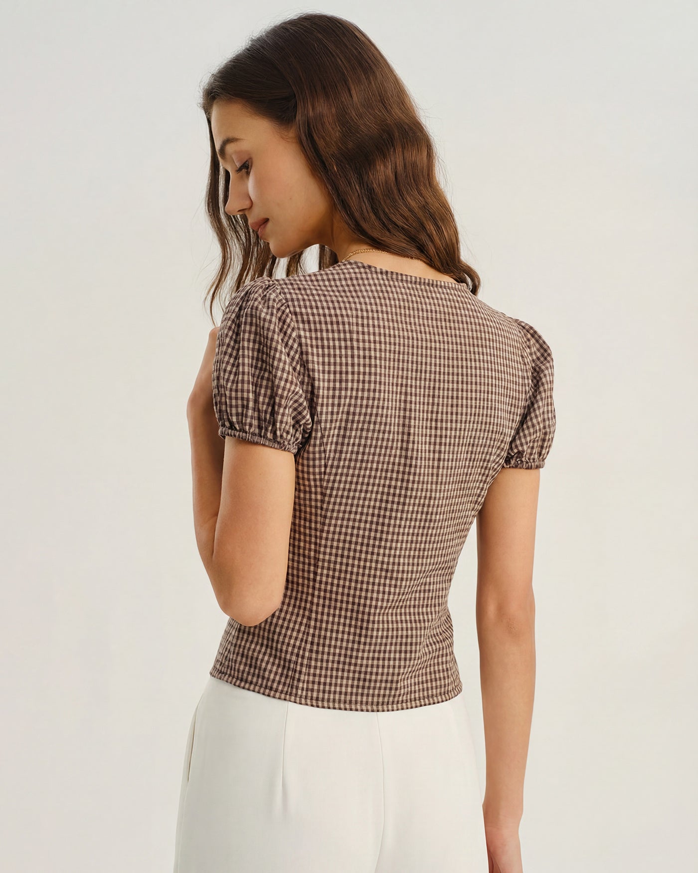 Brown V Neck Puffed Sleeve Plaid Blouse