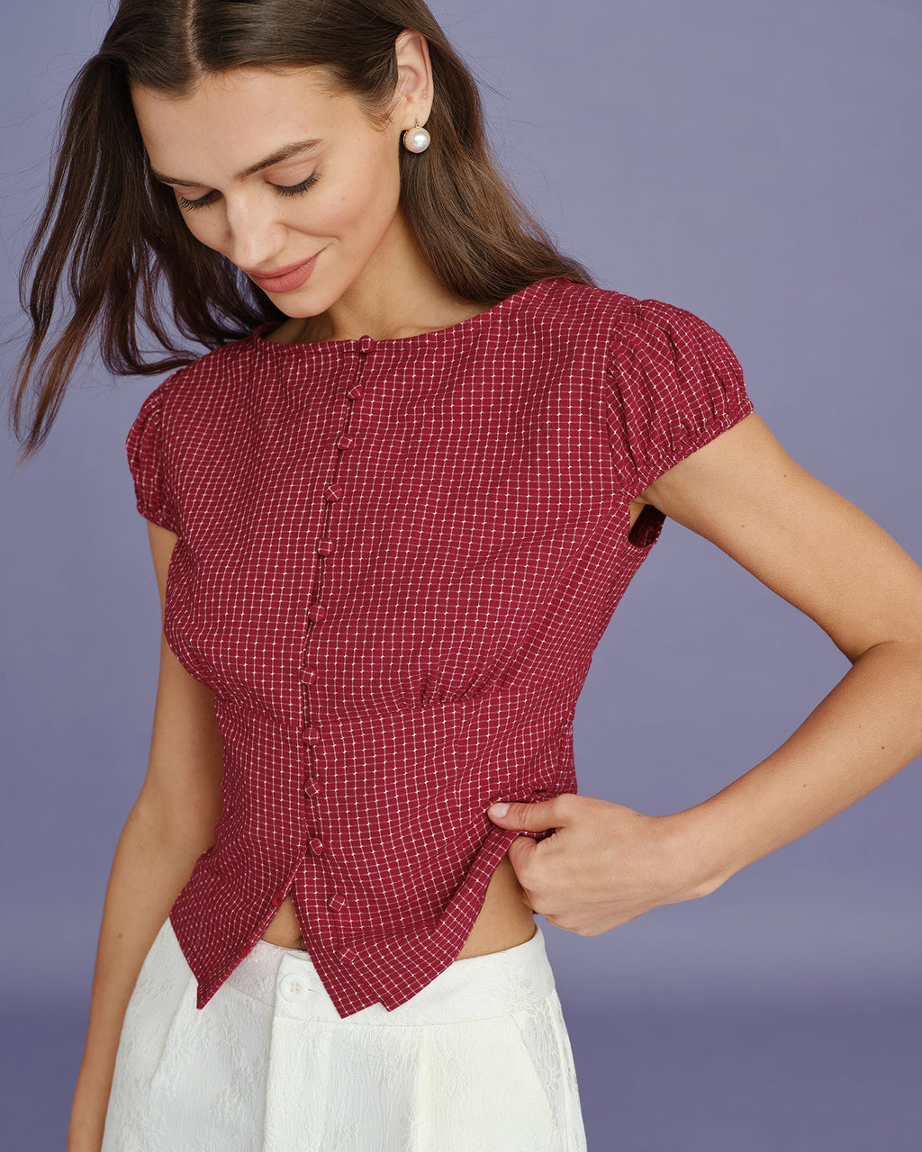 Red Boat Neck Plaid Blouse