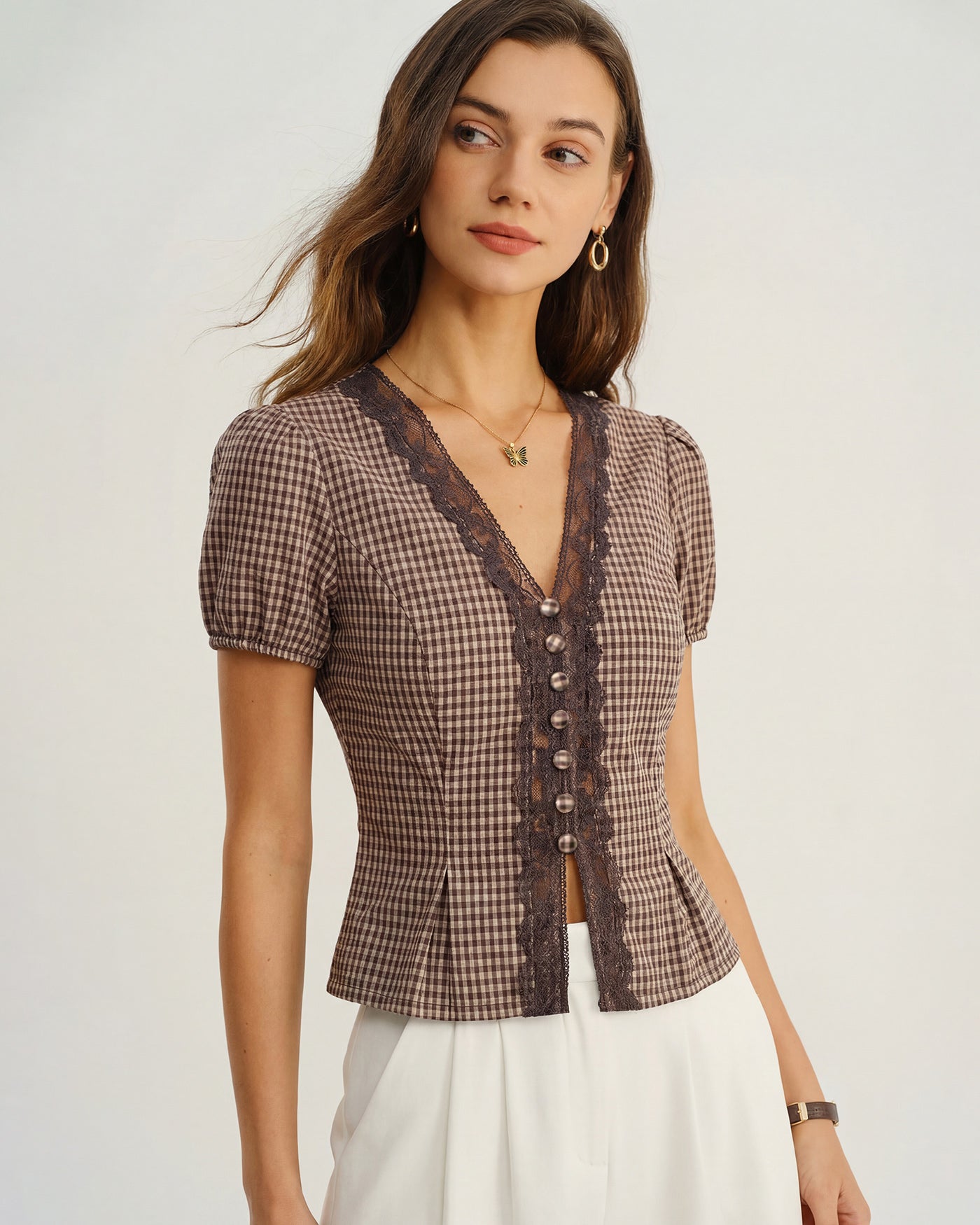 Brown V Neck Puffed Sleeve Plaid Blouse