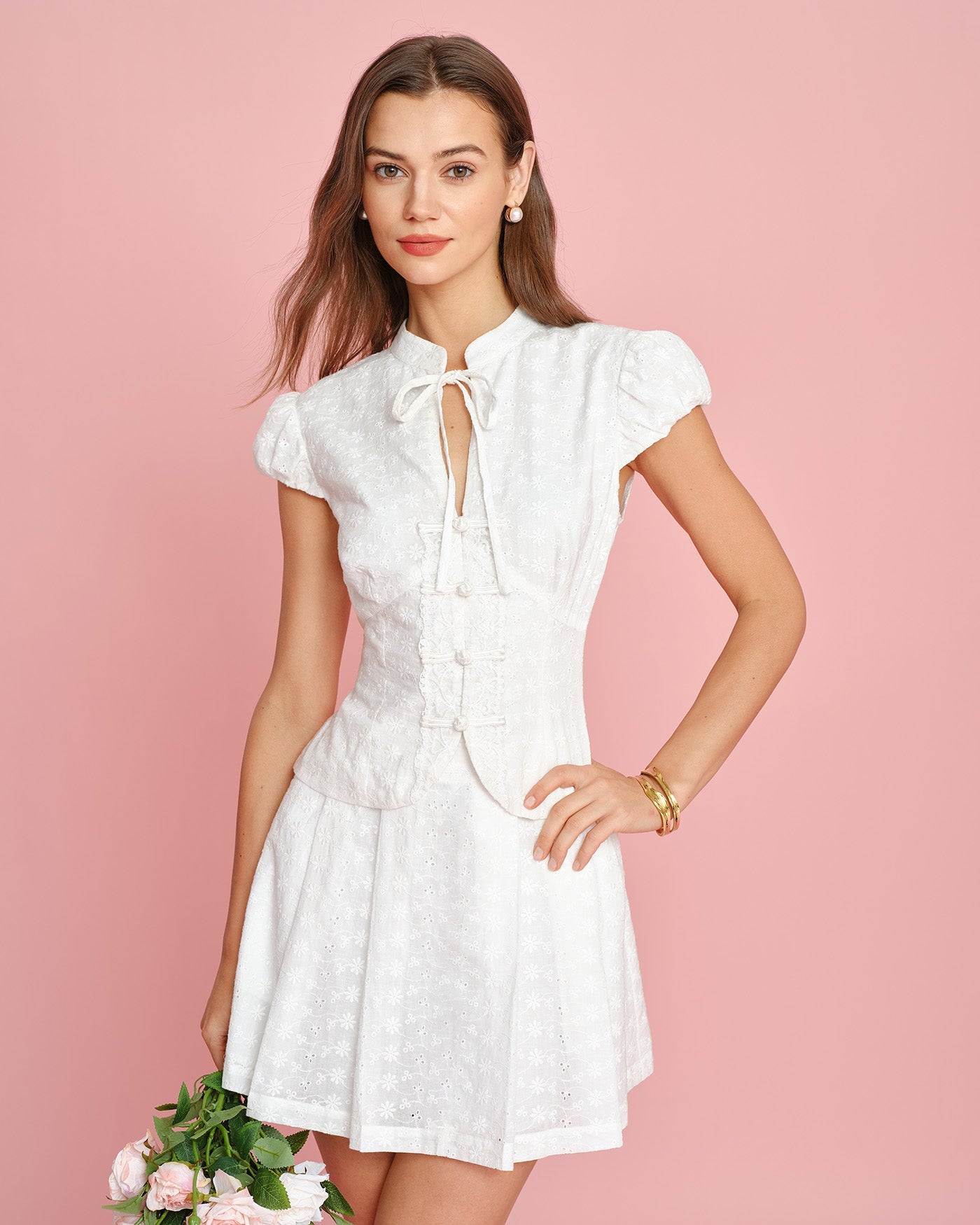 White Mandarin Collar Embroidery Blouse