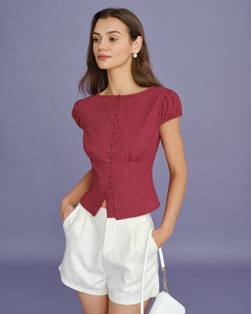 Red Boat Neck Plaid Blouse