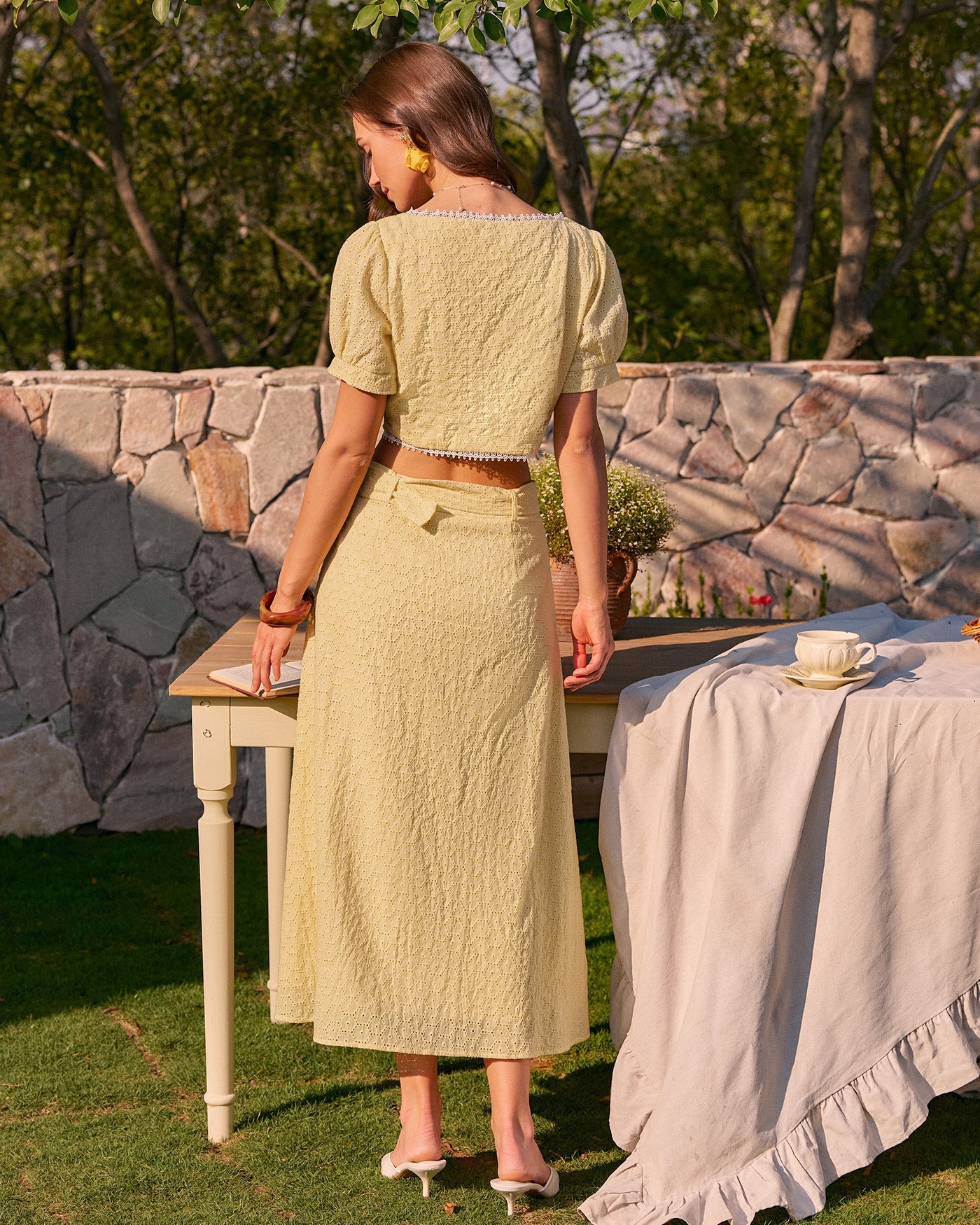 Yellow Square Neck Embroidery Blouse