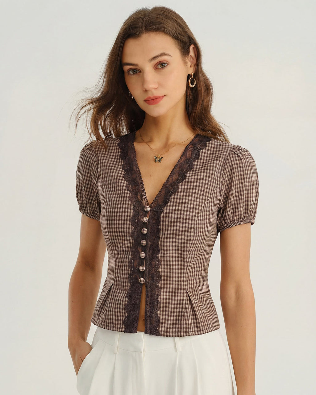 Brown V Neck Puffed Sleeve Plaid Blouse