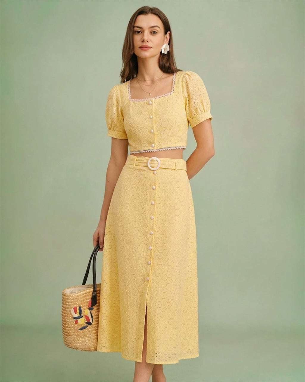 Yellow Square Neck Embroidery Blouse
