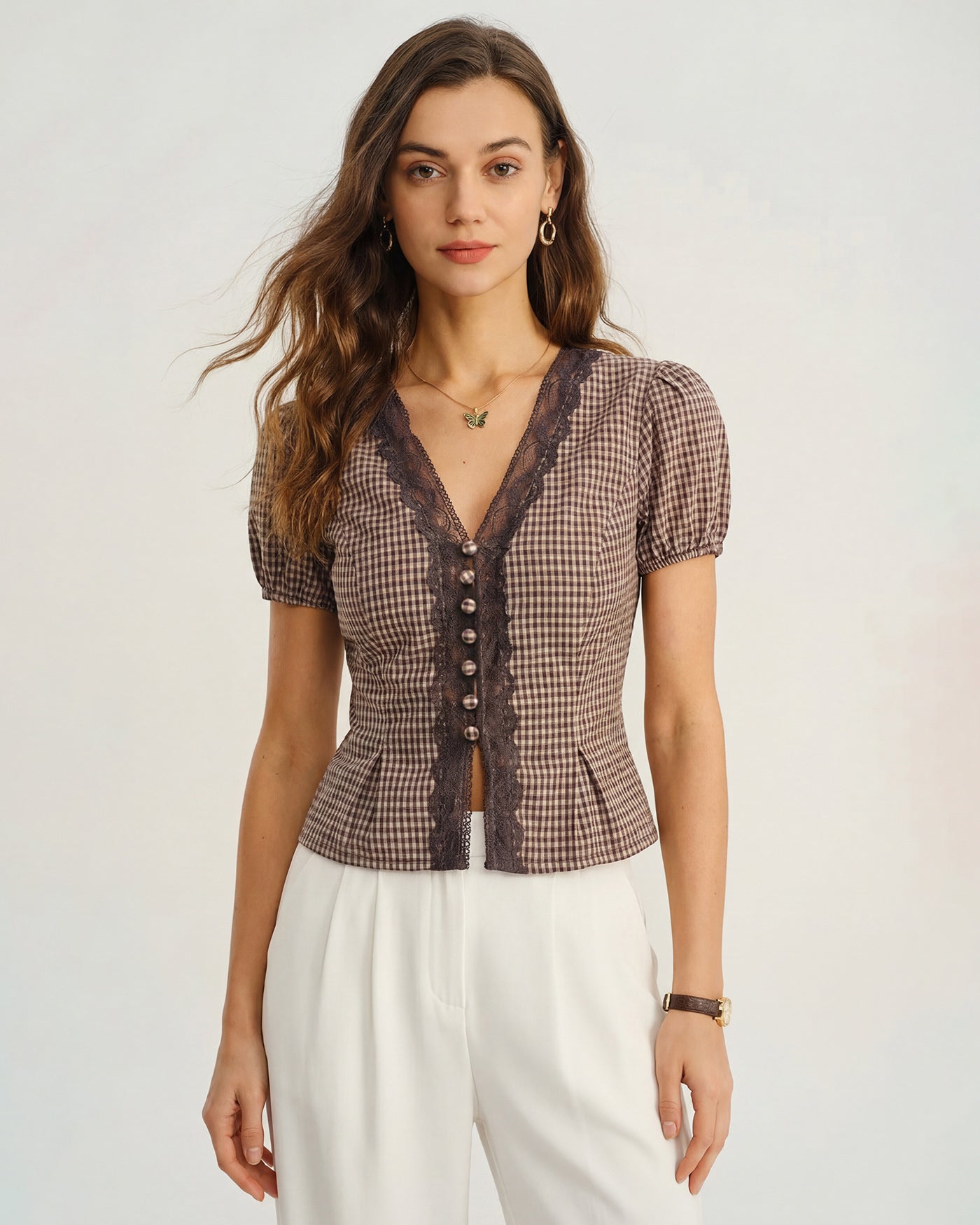 Brown V Neck Puffed Sleeve Plaid Blouse