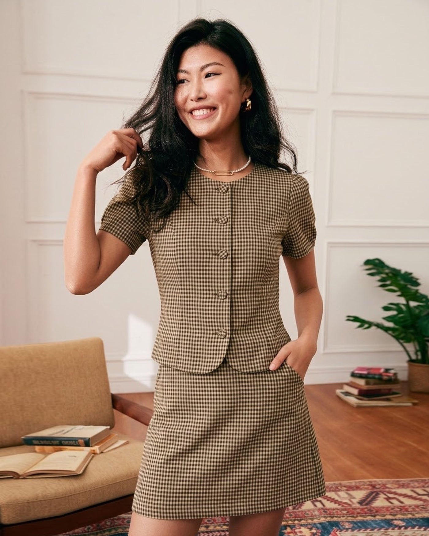 Brown Plaid Puffed Sleeve Blouse