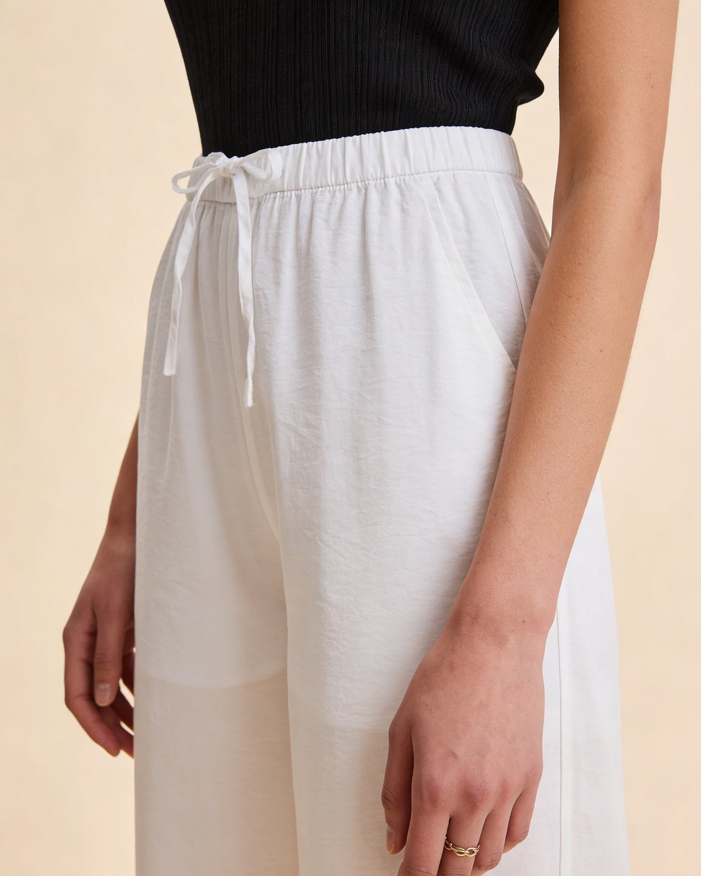 White Elastic Waist Straight Pants