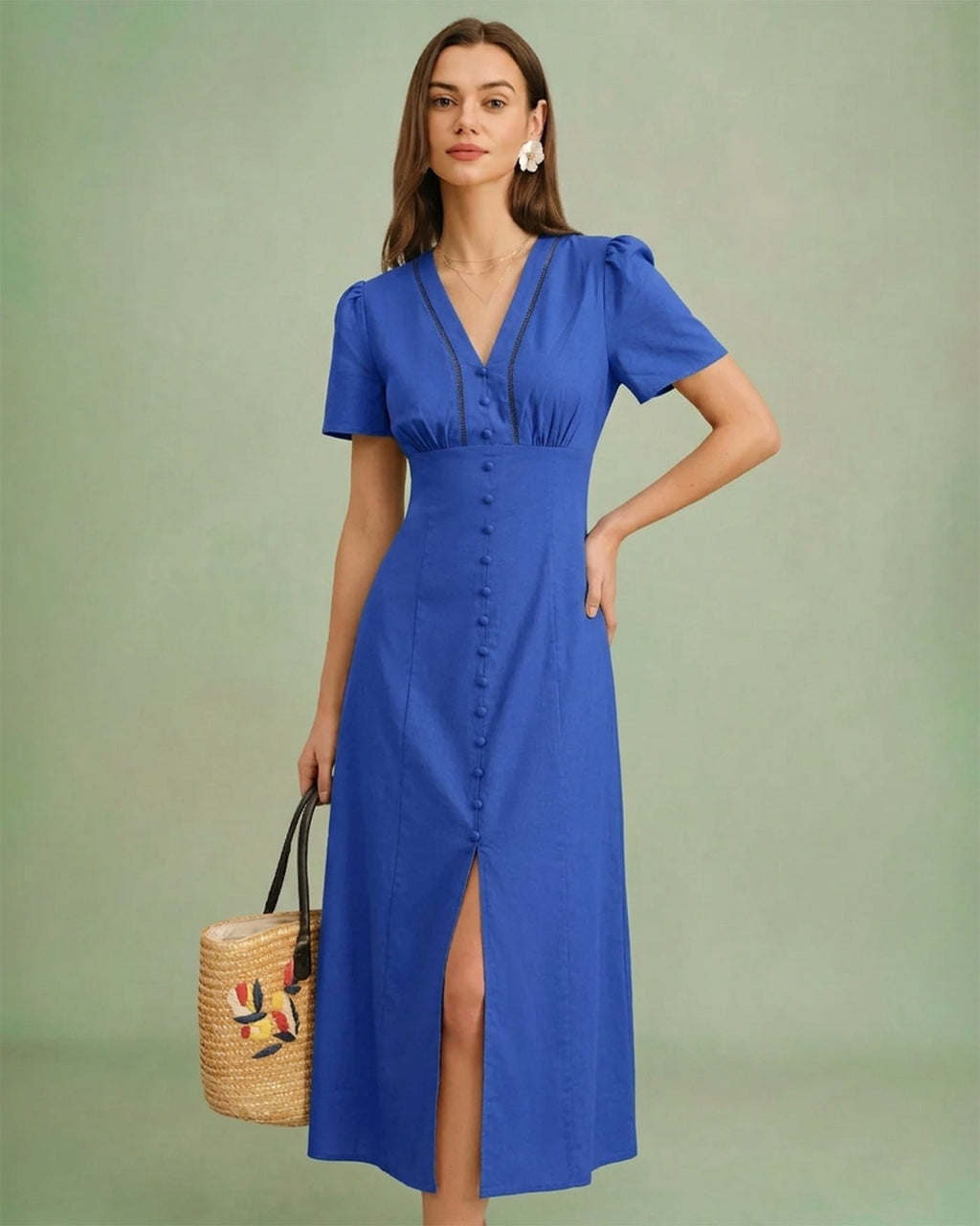 Blue V Neck A-Line Button Midi Dress