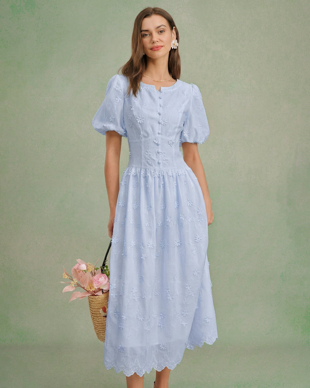 Blue Floral Textured Midi Dress