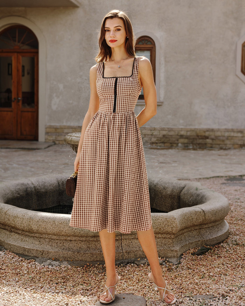 Brown Plaid Sleeveless Midi Dress