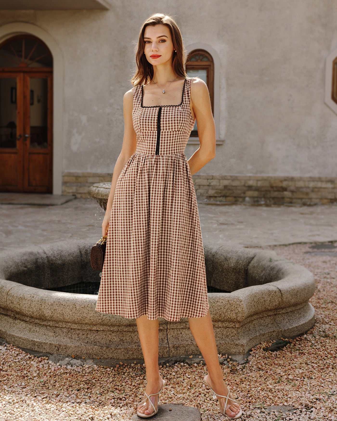 Brown Plaid Sleeveless Midi Dress