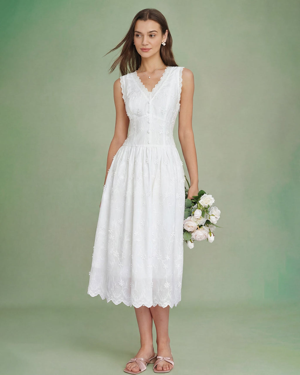 White V Neck Embroidery Midi Dress