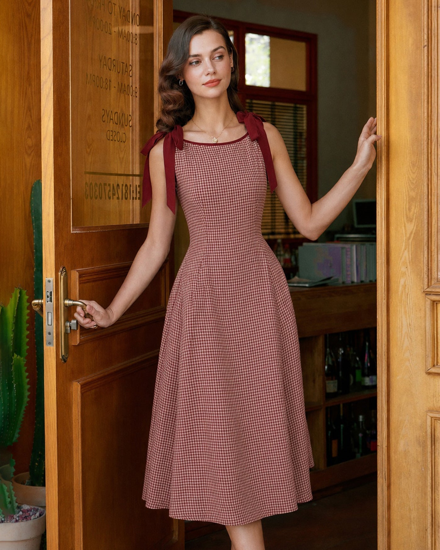 Red Gingham Tie Strap A-Line Midi Dress