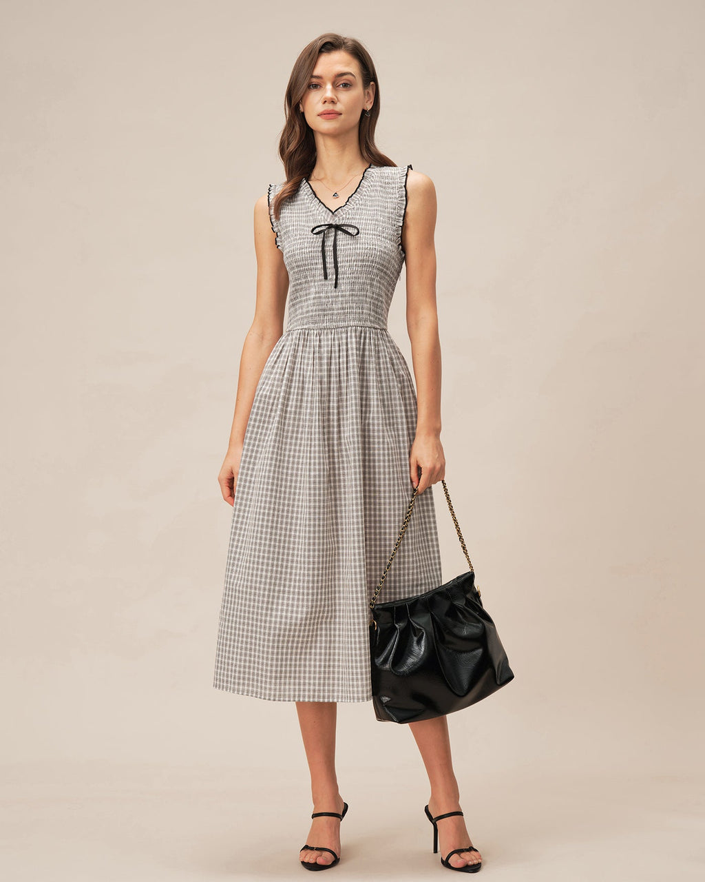 Black V Neck Plaid Midi Dress