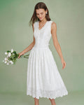White V Neck Embroidery Midi Dress