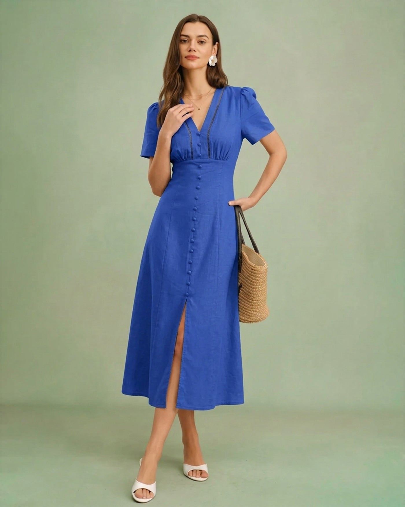 Blue V Neck A-Line Button Midi Dress