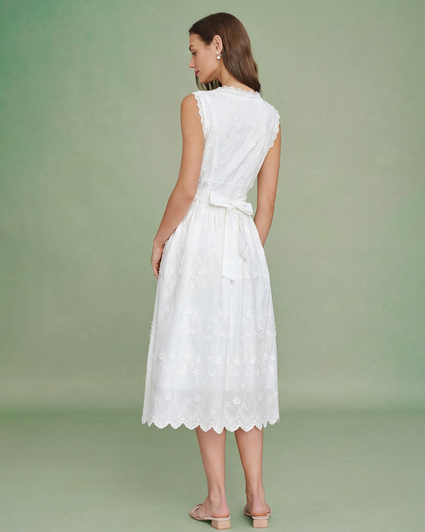 White V Neck Embroidery Midi Dress