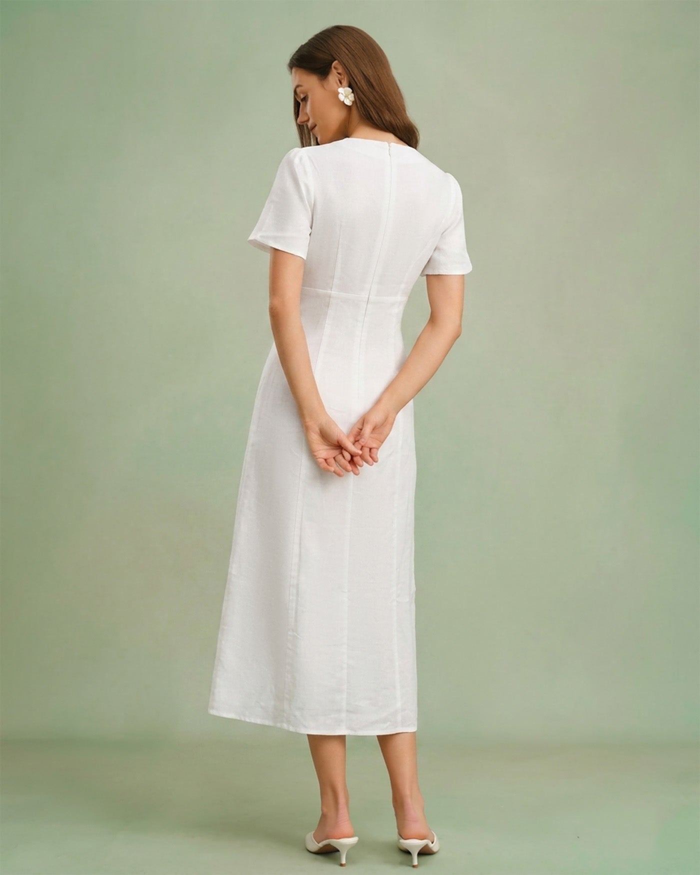 White V Neck A-Line Button Midi Dress