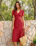 Red V Neck Embroidery Midi Dress