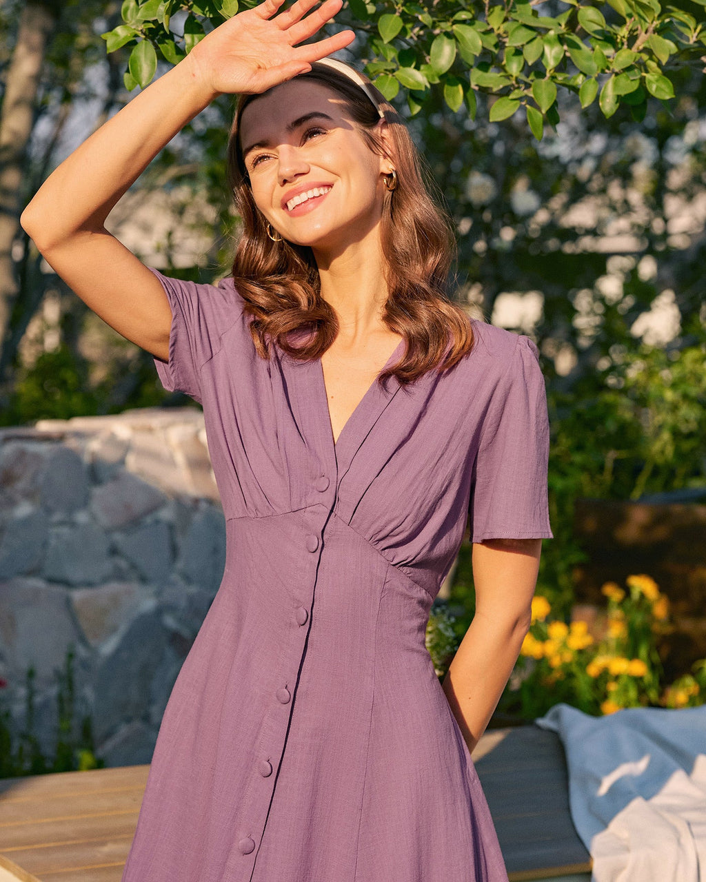 Purple V Neck Button Midi Dress