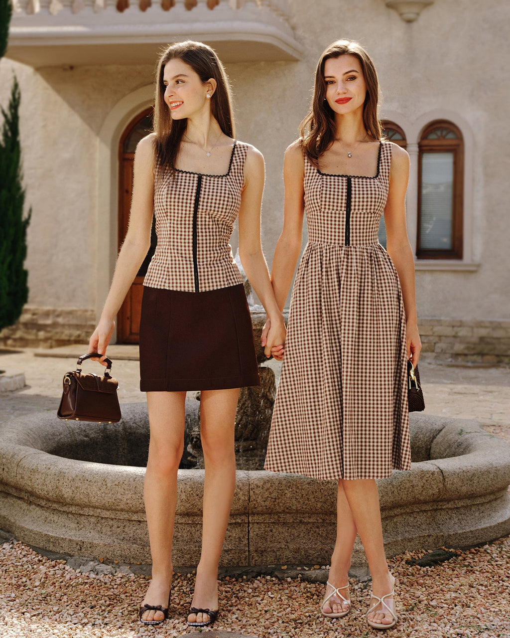 Brown Plaid Sleeveless Midi Dress