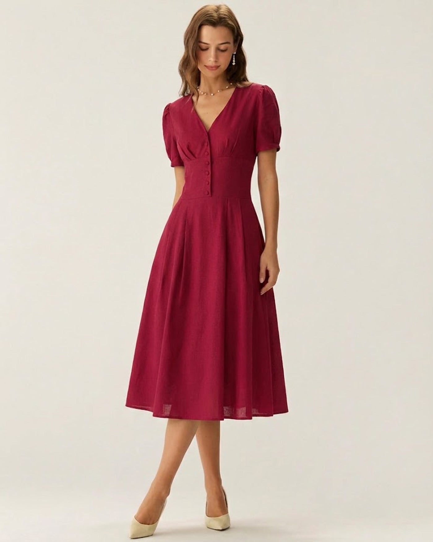Red V Neck Midi Dress