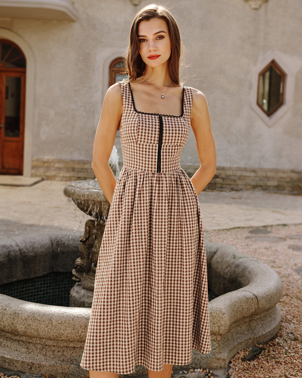 Brown Plaid Sleeveless Midi Dress